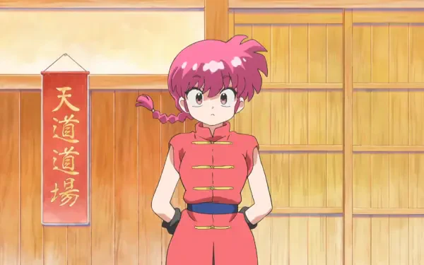 HD PC desktop wallpaper of anime Ranma Saotome (Ranma ½) in a red outfit with pink braided hair, standing hands-on-hips against a wooden dojo background.