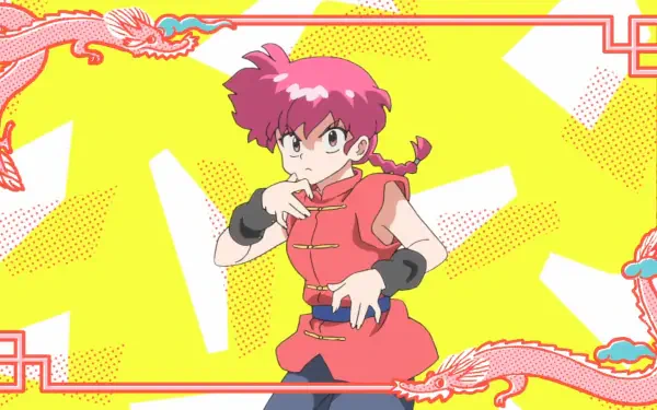 HD PC desktop wallpaper featuring Ranma Saotome from the anime Ranma ½, with a bright yellow background and decorative pink dragon accents.