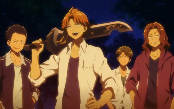 Anime scene from Loner Life in Another World featuring four characters outdoors at night, designed as an HD PC desktop wallpaper and background.