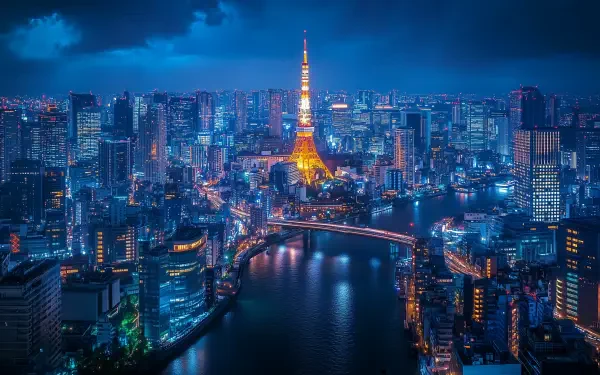 A stunning Tokyo cityscape at night showcasing illuminated skyscrapers, the iconic Tokyo Tower, and a shimmering river, capturing the vibrant energy of Japan's capital.