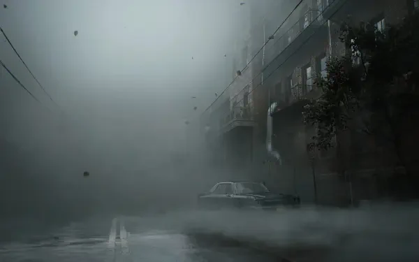 A moody HD wallpaper inspired by Silent Hill 2, featuring a fog-covered street scene with a car, evoking the game's eerie atmosphere and haunting environment.