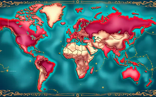 A vibrant world map displayed in rich colors, designed as a 4K Ultra HD PC desktop wallpaper, showcasing detailed geography with artistic borders.