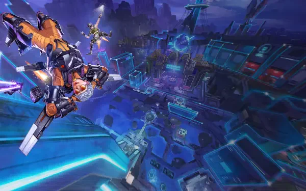 A dynamic scene from Apex Legends featuring Valkyrie and Octane soaring through a vibrant, futuristic landscape, captured in stunning 4K Ultra HD detail.