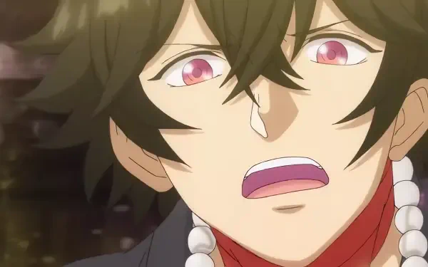 An intense moment from the anime Haigakura, featuring a character with striking red eyes and a concerned expression, set against a blurred background. High-definition wallpaper.