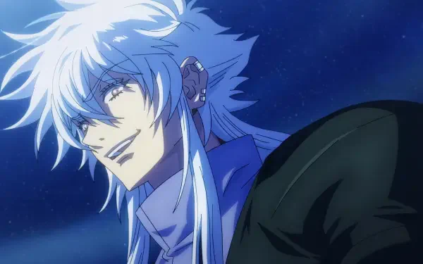 A stunning HD anime wallpaper featuring a character from Haigakura, showcasing striking silver hair and a confident smile against a night sky backdrop.