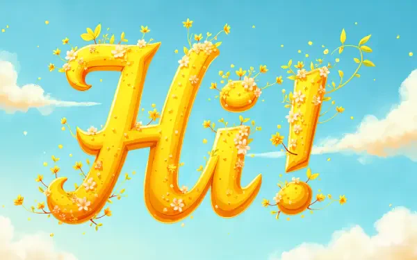 A vibrant 4K Ultra HD wallpaper featuring the cheerful word Hi! adorned with flowers against a bright blue sky, evoking a warm and welcoming atmosphere.