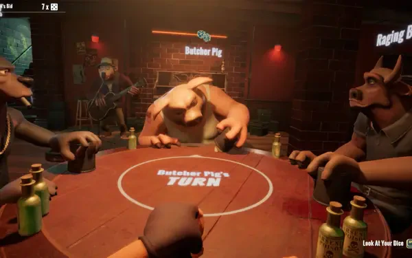 A vibrant HD desktop wallpaper featuring a scene from the game Liars Bar, depicting animal characters engaged in a tense poker game at a dimly lit table.