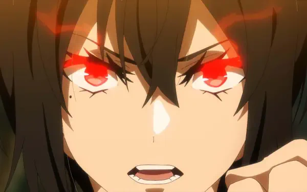 A dynamic HD wallpaper featuring an intense character from the anime The Most Notorious Talker Runs the World's Greatest Clan, showcasing fierce red eyes and powerful expression.