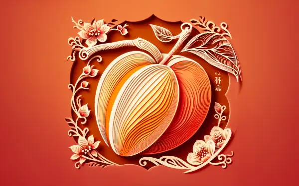 A vibrant 4K Ultra HD wallpaper featuring a beautifully illustrated apricot surrounded by delicate flowers and intricate leaf designs against an orange backdrop.