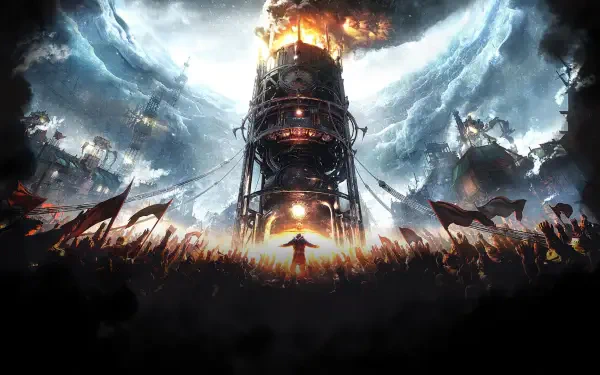 A dramatic scene from the video game Frostpunk 2, featuring a towering, fiery structure surrounded by a crowd, set against a stormy sky, making a striking HD PC desktop wallpaper.