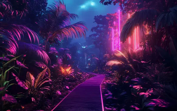 A vibrant neon jungle scene featuring lush foliage, illuminated by glowing lights, set along a winding path. This stunning image serves as a 4K Ultra HD PC wallpaper.