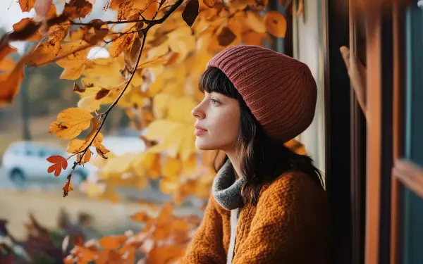A woman in a cozy autumn setting gazes thoughtfully out a window, surrounded by vibrant fall leaves, capturing a serene and warm atmosphere. 4K Ultra HD desktop wallpaper.