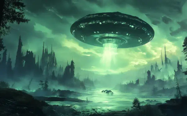 A striking 4K Ultra HD image depicting a UFO invasion, featuring an illuminated spaceship hovering over a mysterious landscape, engulfed in a greenish glow and surrounded by eerie structures.