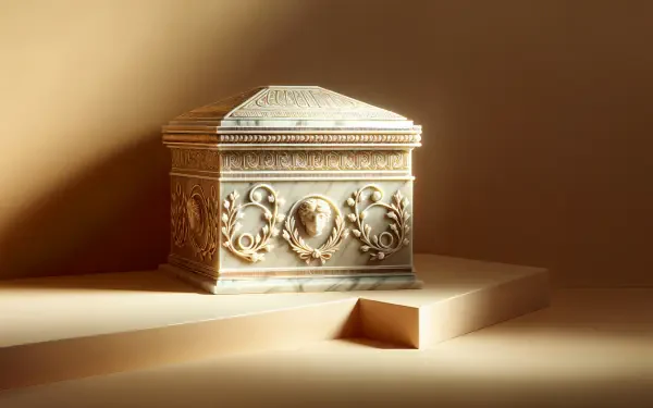 A beautifully designed ornate box sits on a minimalist platform, illuminated by soft lighting, creating an elegant and captivating 4K Ultra HD desktop wallpaper.