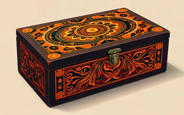 An intricately designed box with vibrant orange and black patterns, displayed against a neutral background, presented as a 4K Ultra HD desktop wallpaper.
