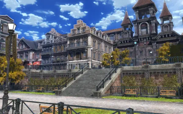 Scenic HD wallpaper from The Legend of Heroes: Trails through Daybreak II, featuring an intricate urban landscape with ornate buildings and a vibrant blue sky.