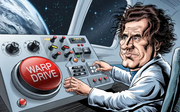 A detailed illustration of a scientist in a spaceship cockpit, focusing on a large WARP DRIVE button, with Earth visible through the window, designed for a 4K Ultra HD desktop wallpaper.