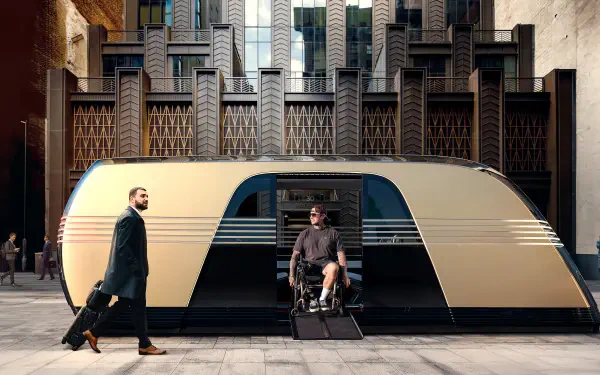 A futuristic Tesla robovan showcases modern design as a man in a suit walks by while another passenger in a wheelchair prepares to enter, set against a striking urban backdrop.