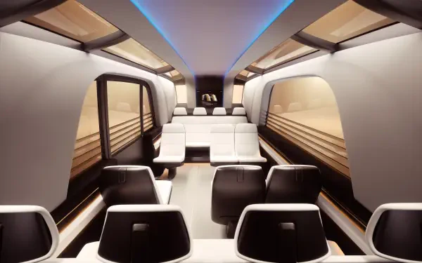 A modern interior of a Tesla robovan, featuring sleek seating and innovative design, showcased as an 8K Ultra HD PC desktop wallpaper and background.