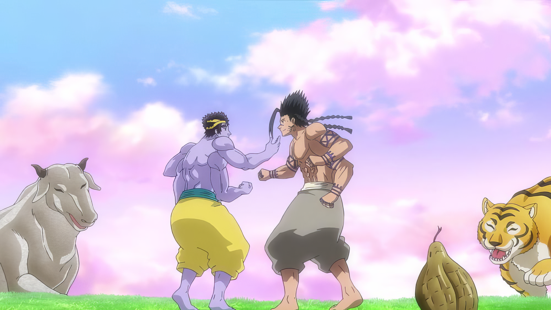 Two characters from *Record of Ragnarok* face off in a vibrant landscape, surrounded by animals under a bright, colorful sky. An HD desktop wallpaper showcasing intense combat.