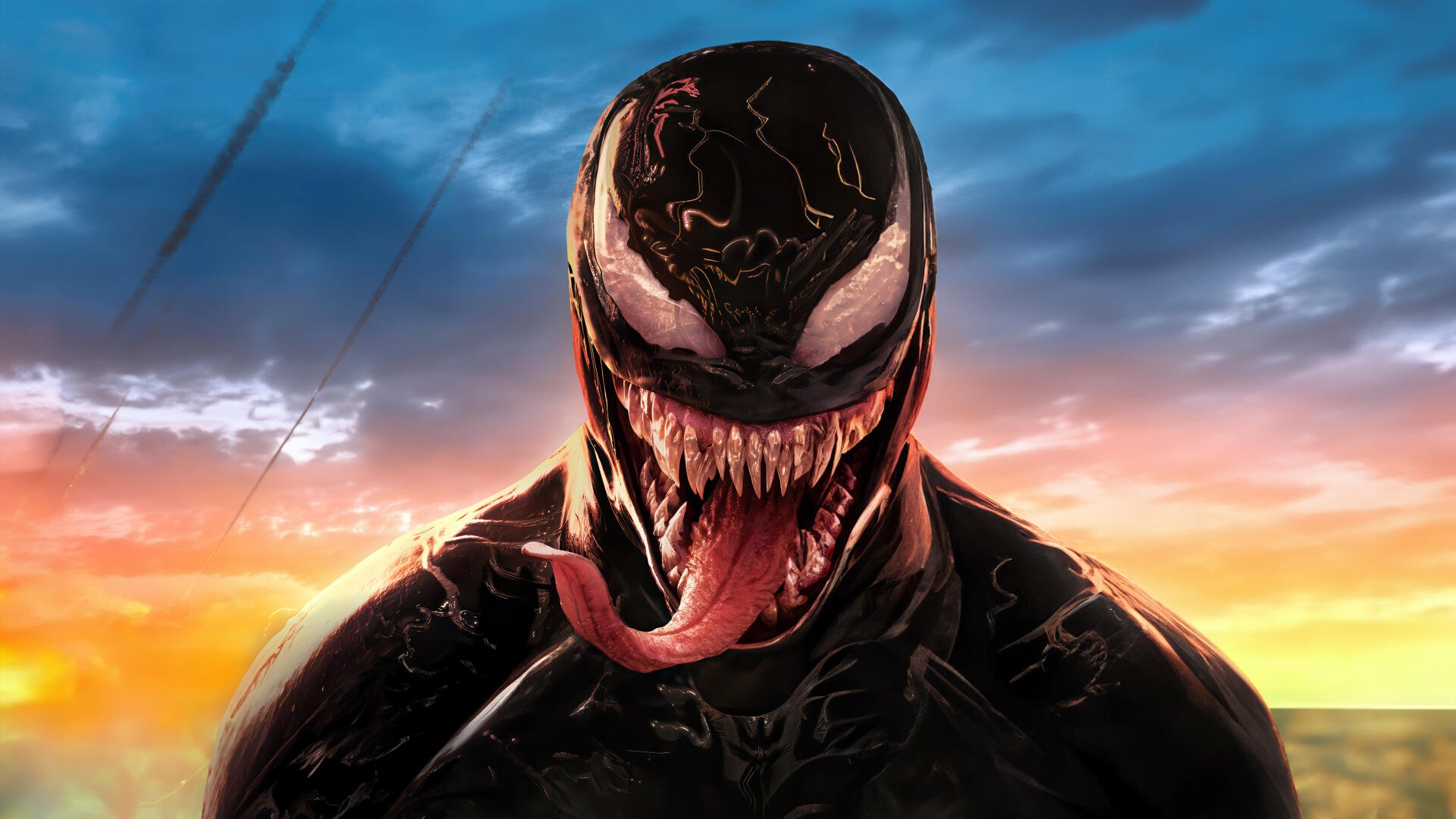 4K Ultra HD PC wallpaper featuring Venom from the movie Venom: The Last Dance, showcasing the symbiote's menacing face against a vibrant sunset sky.