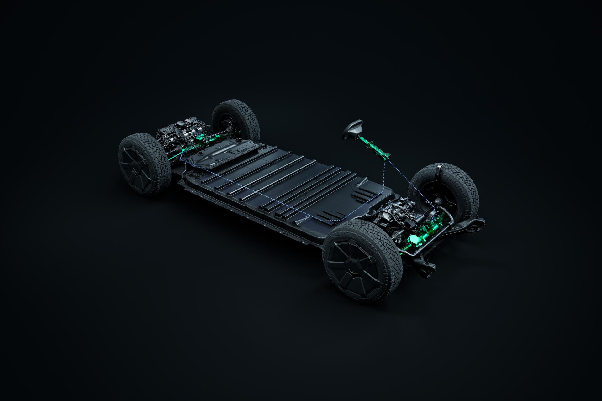 A detailed view of a Tesla Cybertruck chassis showcasing its innovative design, featuring sleek lines and a futuristic aesthetic, set against a dark background. 4K Ultra HD quality.