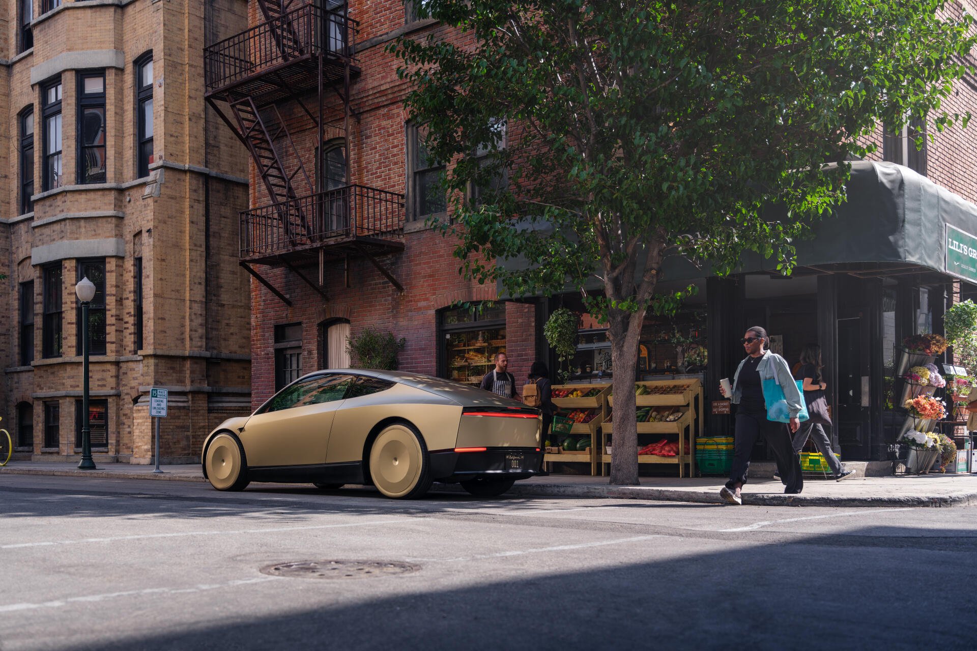 A sleek Tesla Cybercab robotaxi parked on a city street, surrounded by brick buildings and greenery, showcasing a modern urban landscape in stunning 4K Ultra HD.
