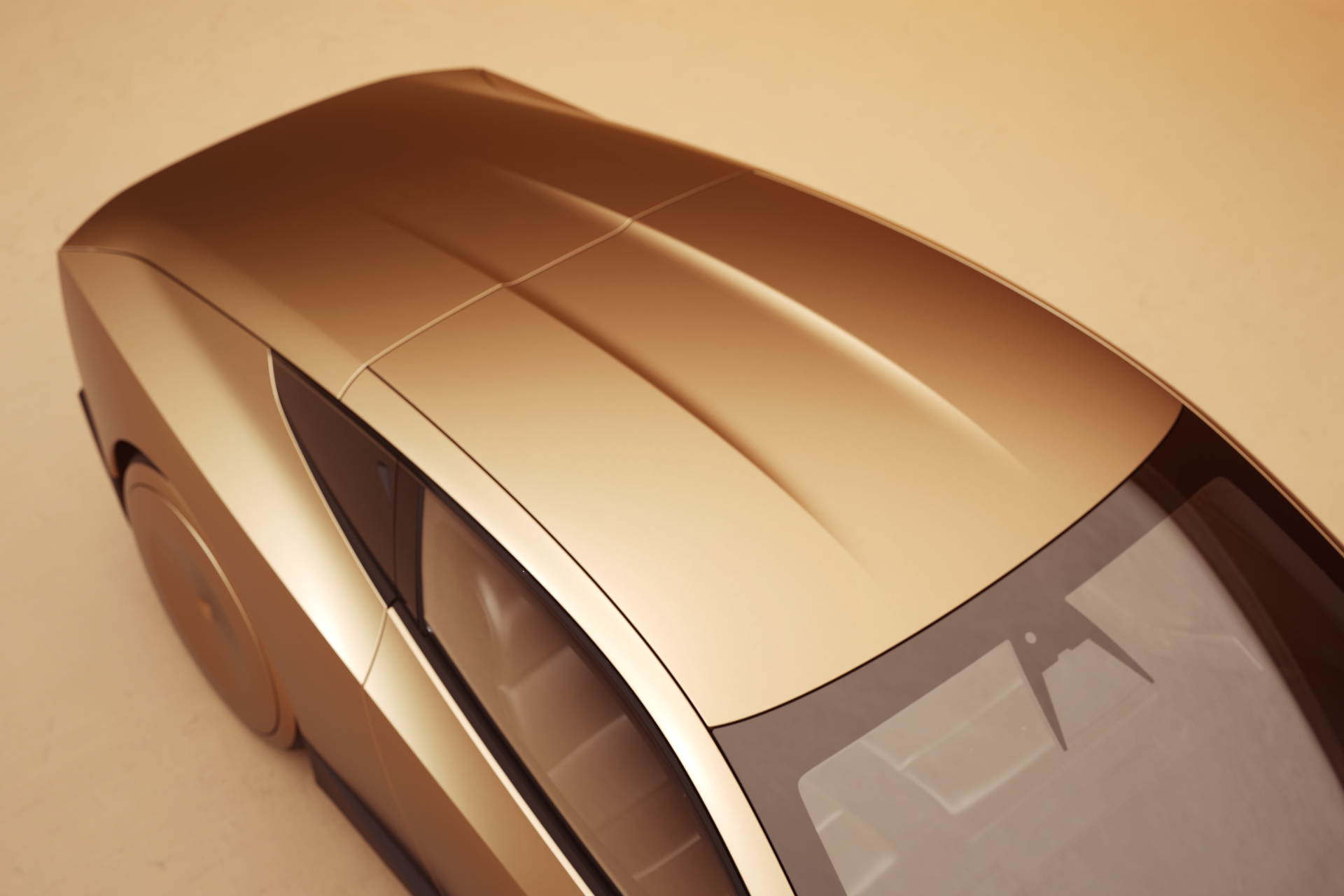 Sleek Tesla Cybercab robotaxi vehicle showcased in 8K Ultra HD, highlighting its futuristic design and smooth roof contours in a warm-toned background.