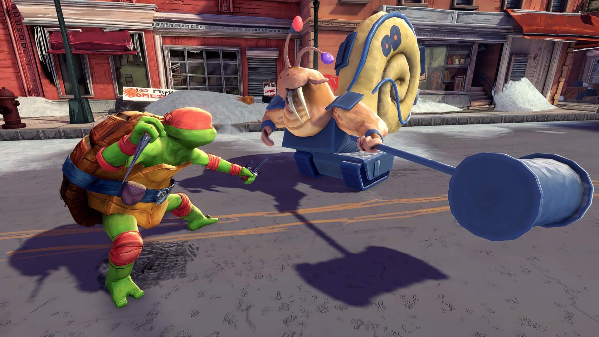 A colorful HD wallpaper featuring a Teenage Mutant Ninja Turtle preparing to battle a giant snail in a vibrant urban setting from the game Teenage Mutant Ninja Turtles: Mutants Unleashed.