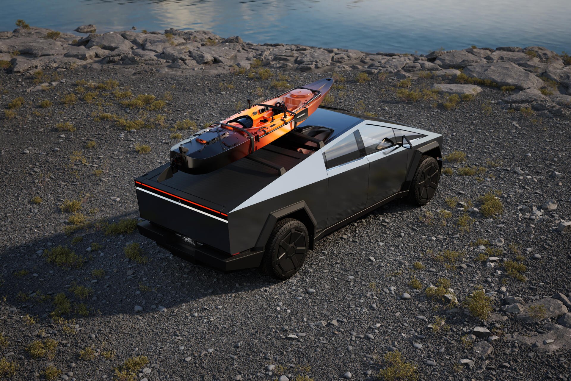A Tesla Cybertruck parked on rocky terrain with a kayak on its bed, surrounded by a serene landscape, captured in stunning 4K Ultra HD quality.