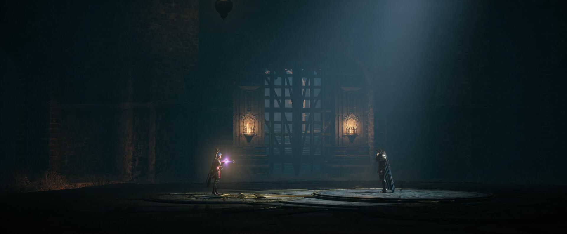 A captivating HD desktop wallpaper from the video game Throne and Liberty, featuring a mysterious scene with two characters illuminated by soft light in a dark, atmospheric setting.