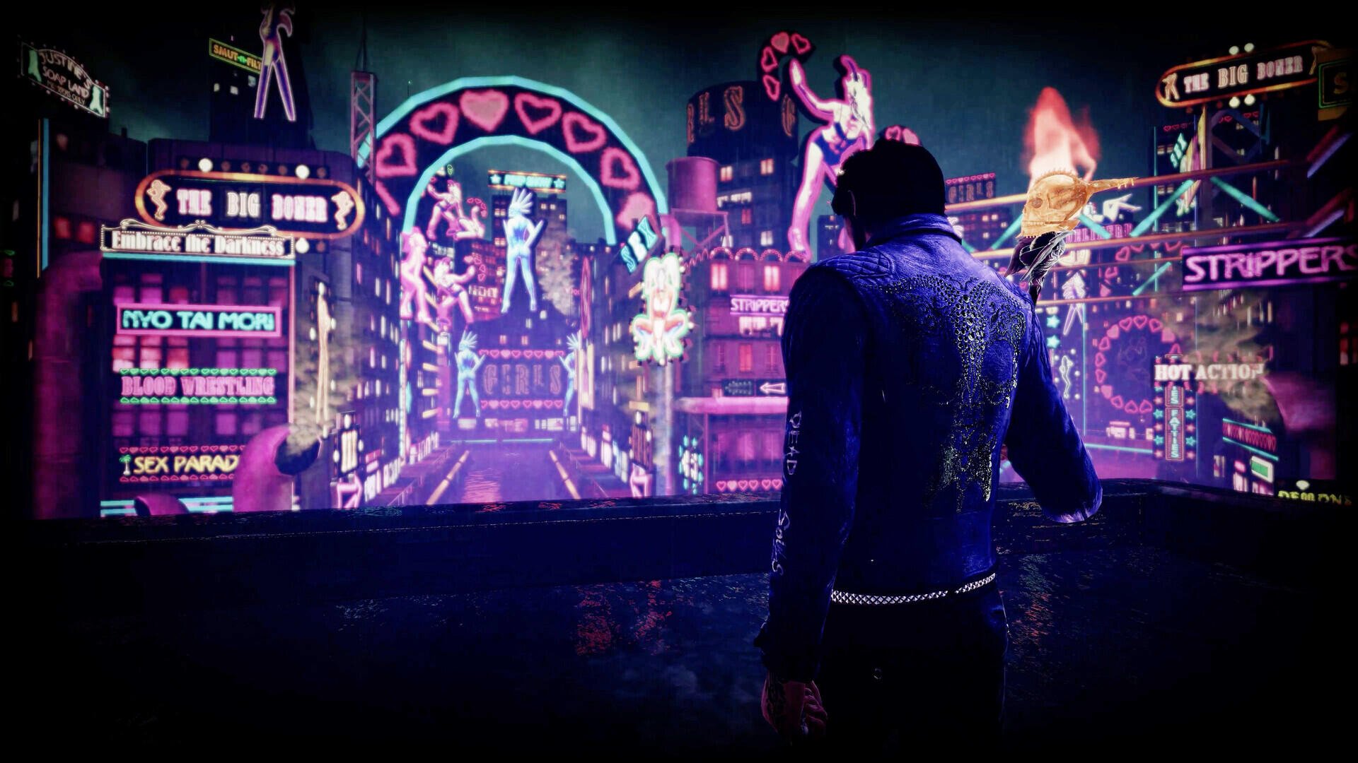 A character stands facing a vibrant, neon-lit cityscape in Shadow Of The Damned: Hella Remastered, showcasing its distinctive art style in this HD PC desktop wallpaper.