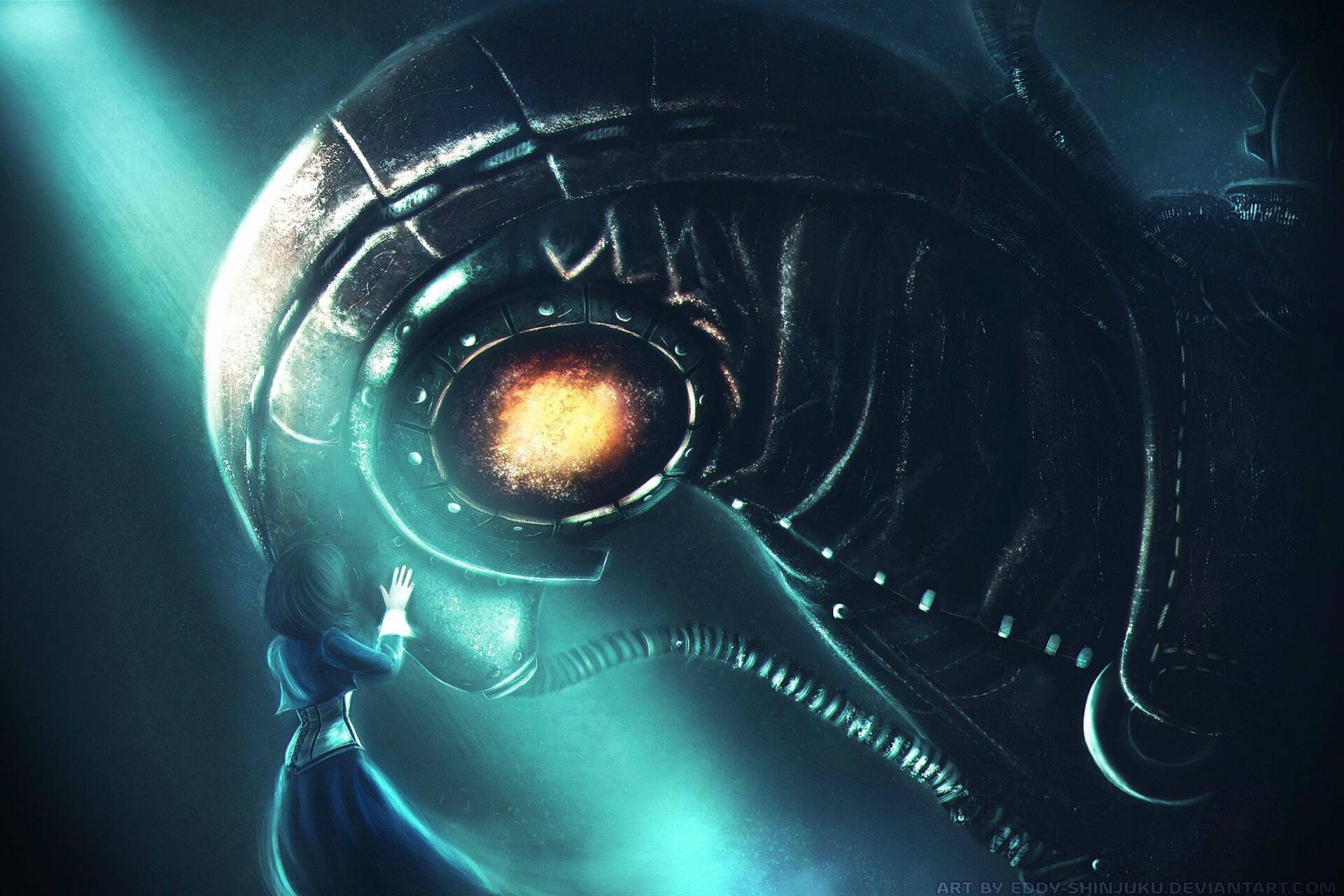 A dramatic HD wallpaper showcasing a character from Bioshock Infinite reaching out to a large, intricate mechanical figure, set against a mesmerizing light backdrop.