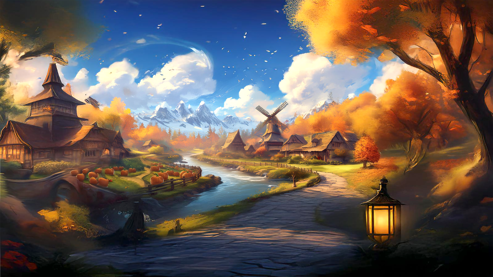 A 4K Ultra HD fantasy landscape depicting an autumn village by a river, with vibrant fall foliage, windmills, and a glowing lantern under a bright, partly cloudy sky.