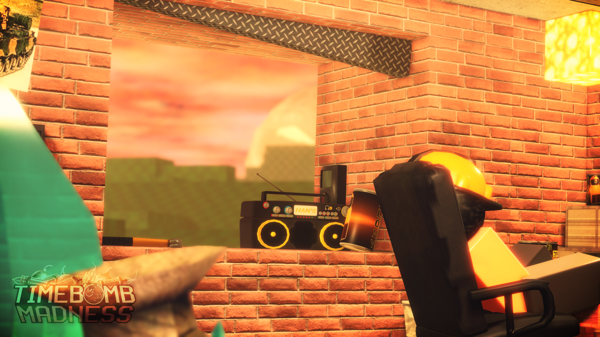 A vibrant 4K Ultra HD wallpaper featuring a scene from Roblox, showcasing a brick wall, a retro boombox, and a setting sun in the background.