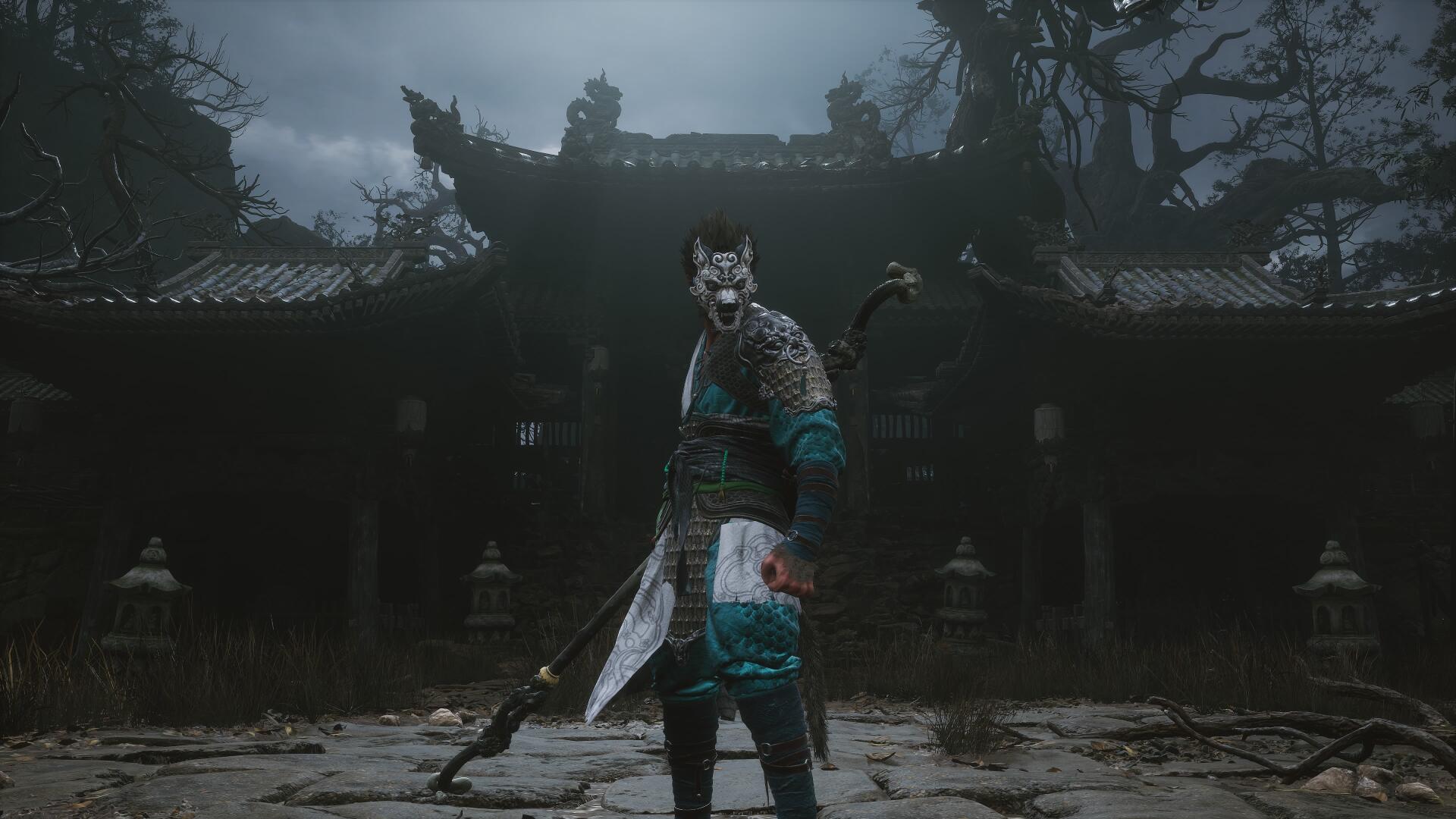 A striking 4K Ultra HD wallpaper from the video game Black Myth: Wukong, featuring a warrior in a richly detailed, atmospheric setting with ancient architecture and dramatic lighting.