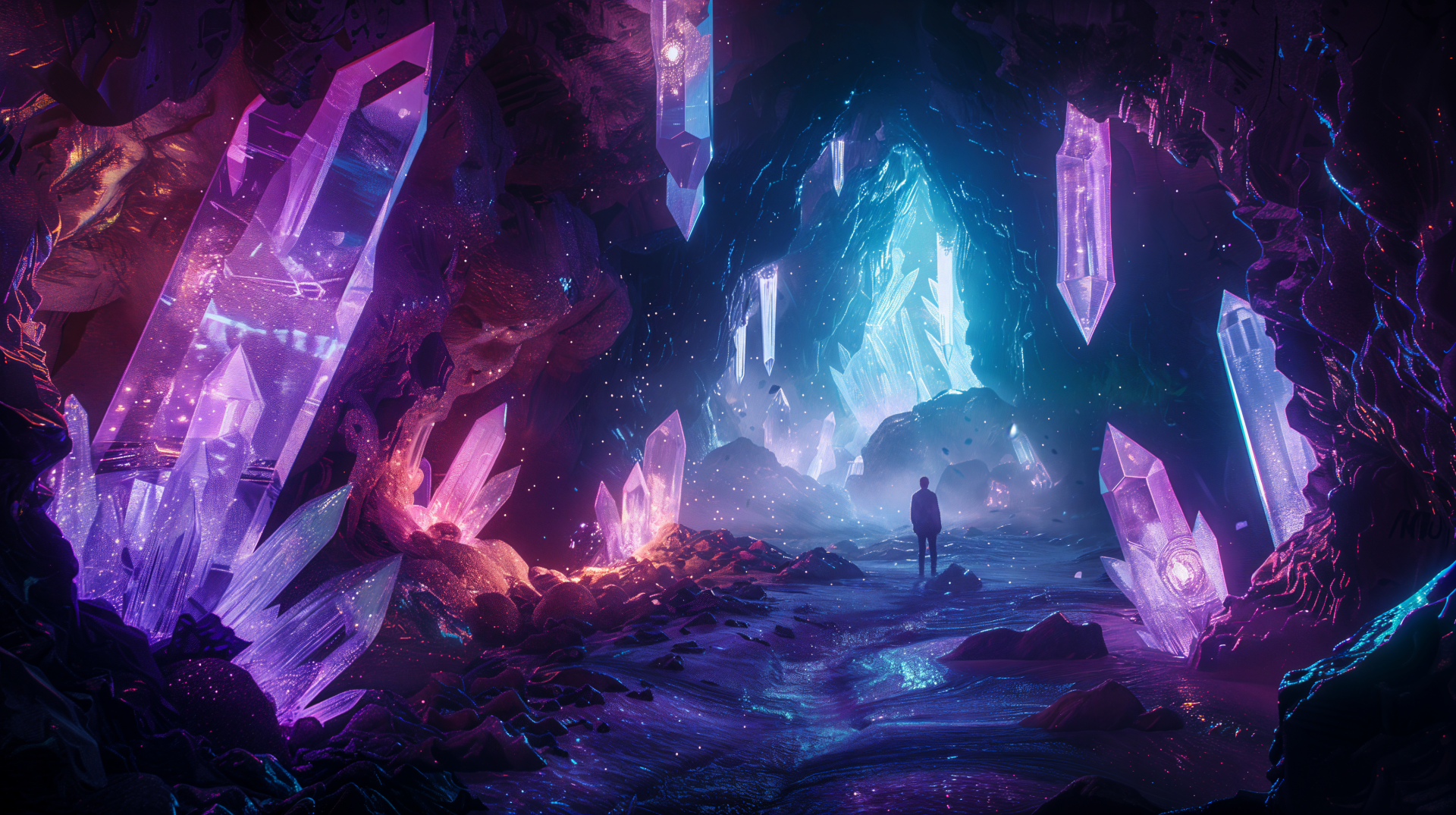 A stunning crystal cave illuminated by vibrant, multicolored crystals, creating a mystical atmosphere, captured in 4K Ultra HD for a captivating desktop wallpaper and background.