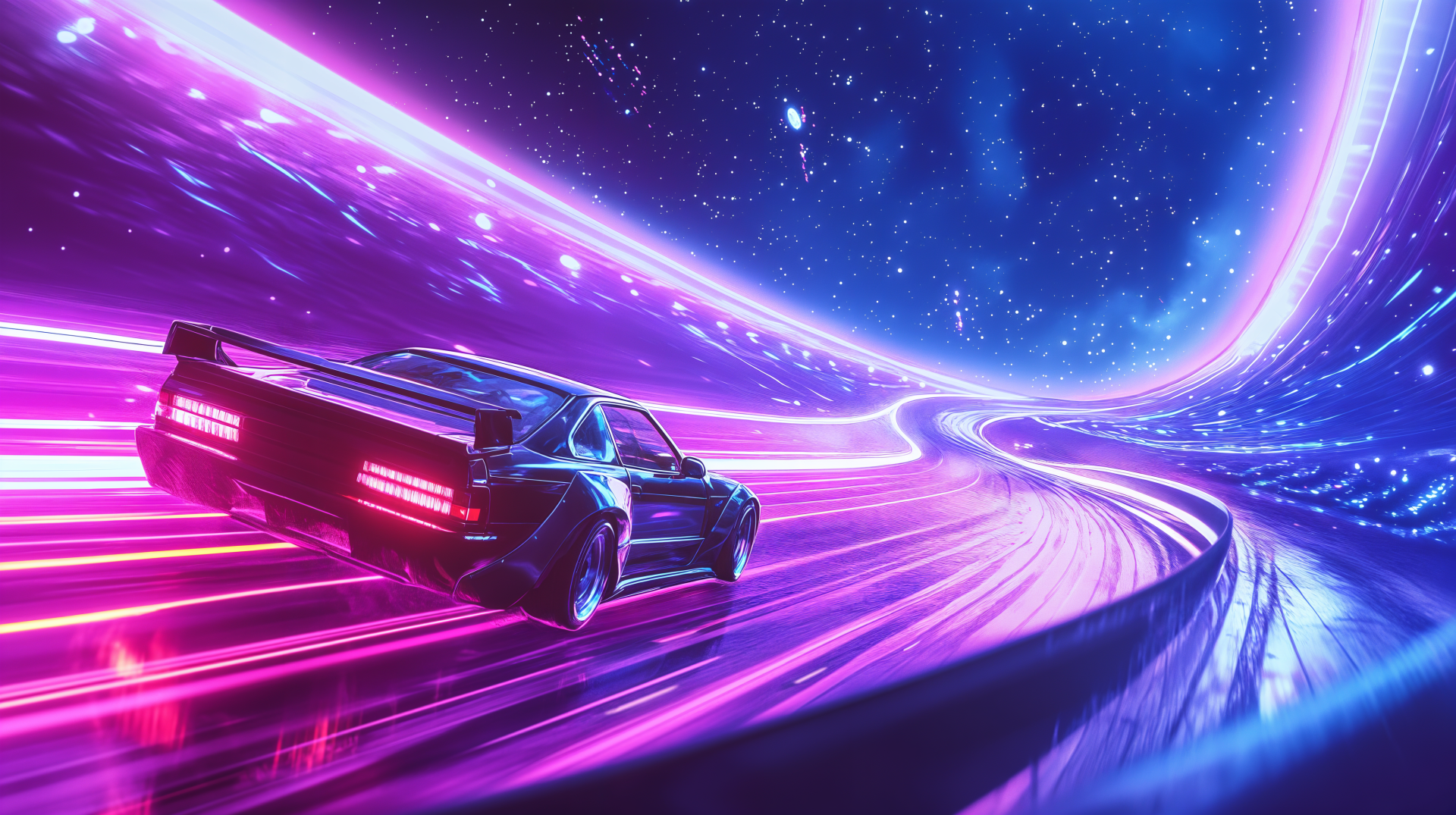 A sleek racing car speeds along a vibrant, neon-lit track, surrounded by a cosmic backdrop, creating a dynamic and immersive 4K Ultra HD wallpaper experience.