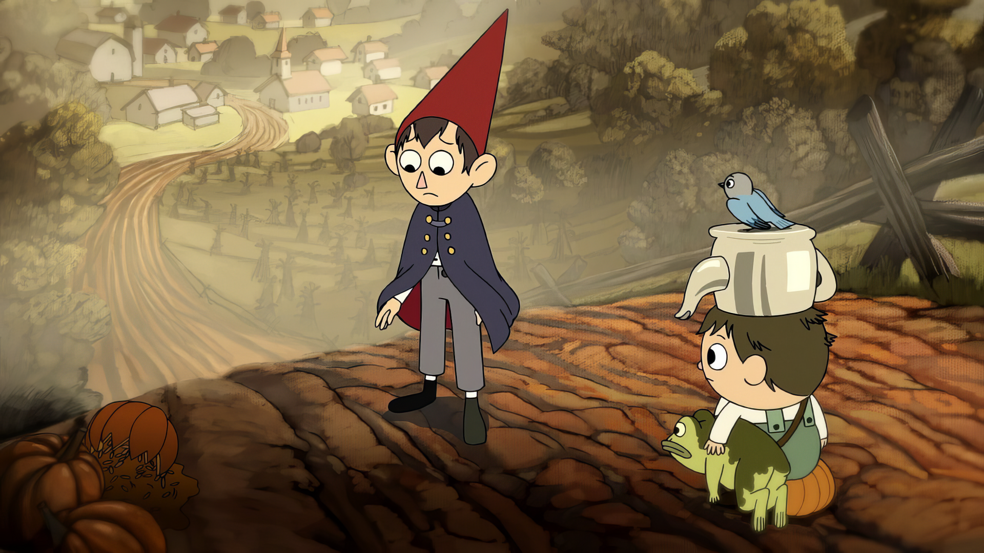 A whimsical scene from the TV show Over the Garden Wall, featuring two characters on a rustic path, surrounded by autumn foliage and distant village landscapes.