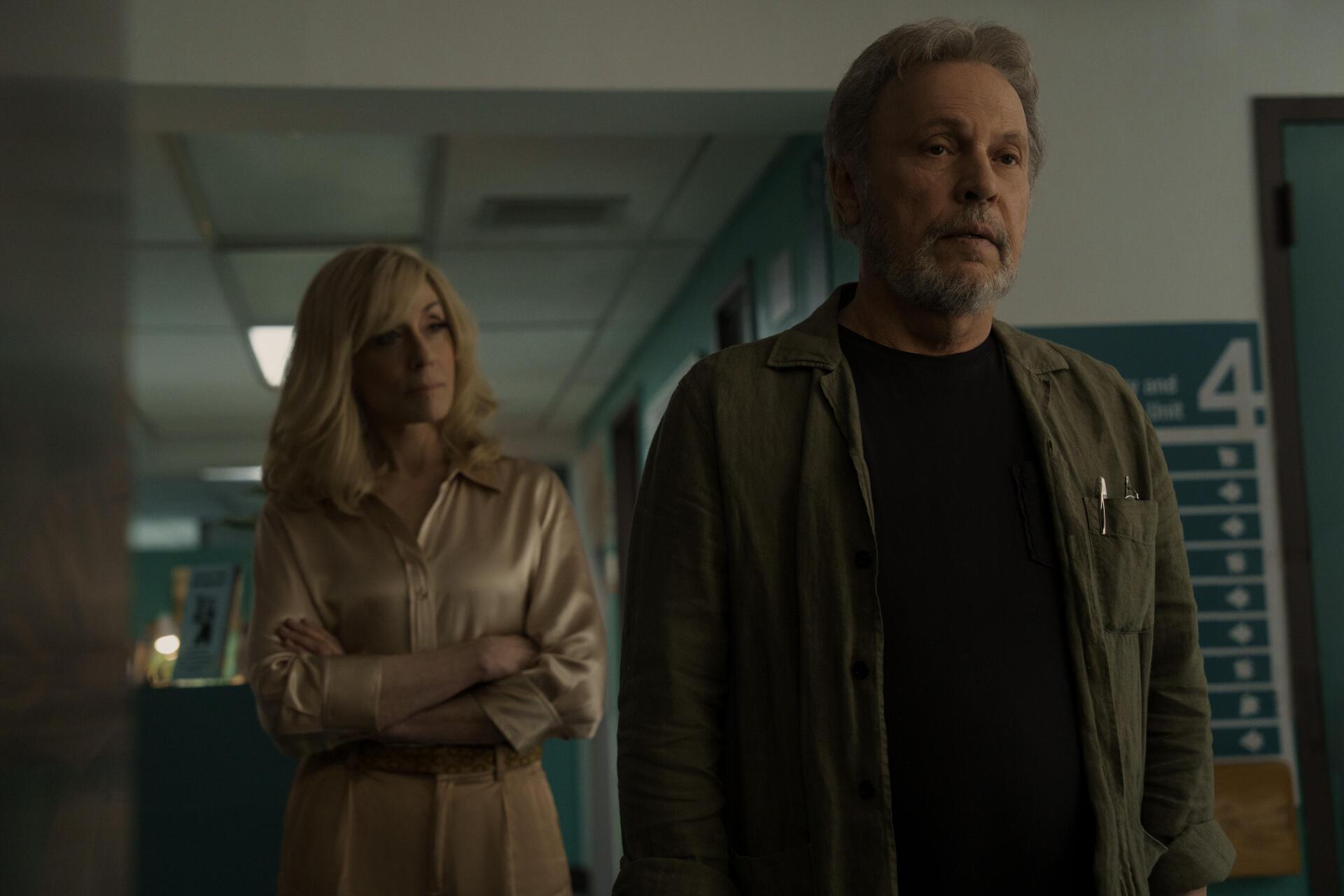 Billy Crystal and a female character in a tense moment, set against a hospital backdrop from the TV show Before (2024). This image is a 4K Ultra HD desktop wallpaper.