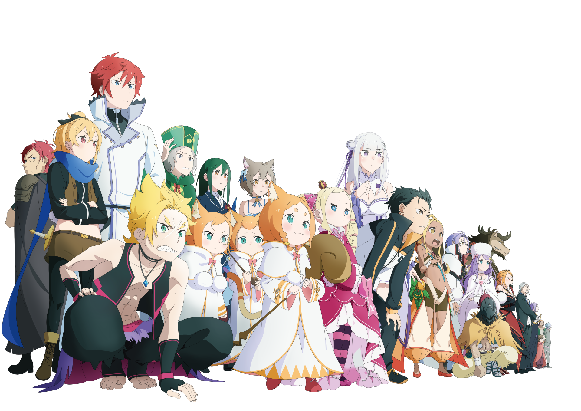 Re:Zero - Starting Life in Another World anime 5K Ultra HD PC wallpaper: ensemble cast in colorful outfits posed together on a clean white background.