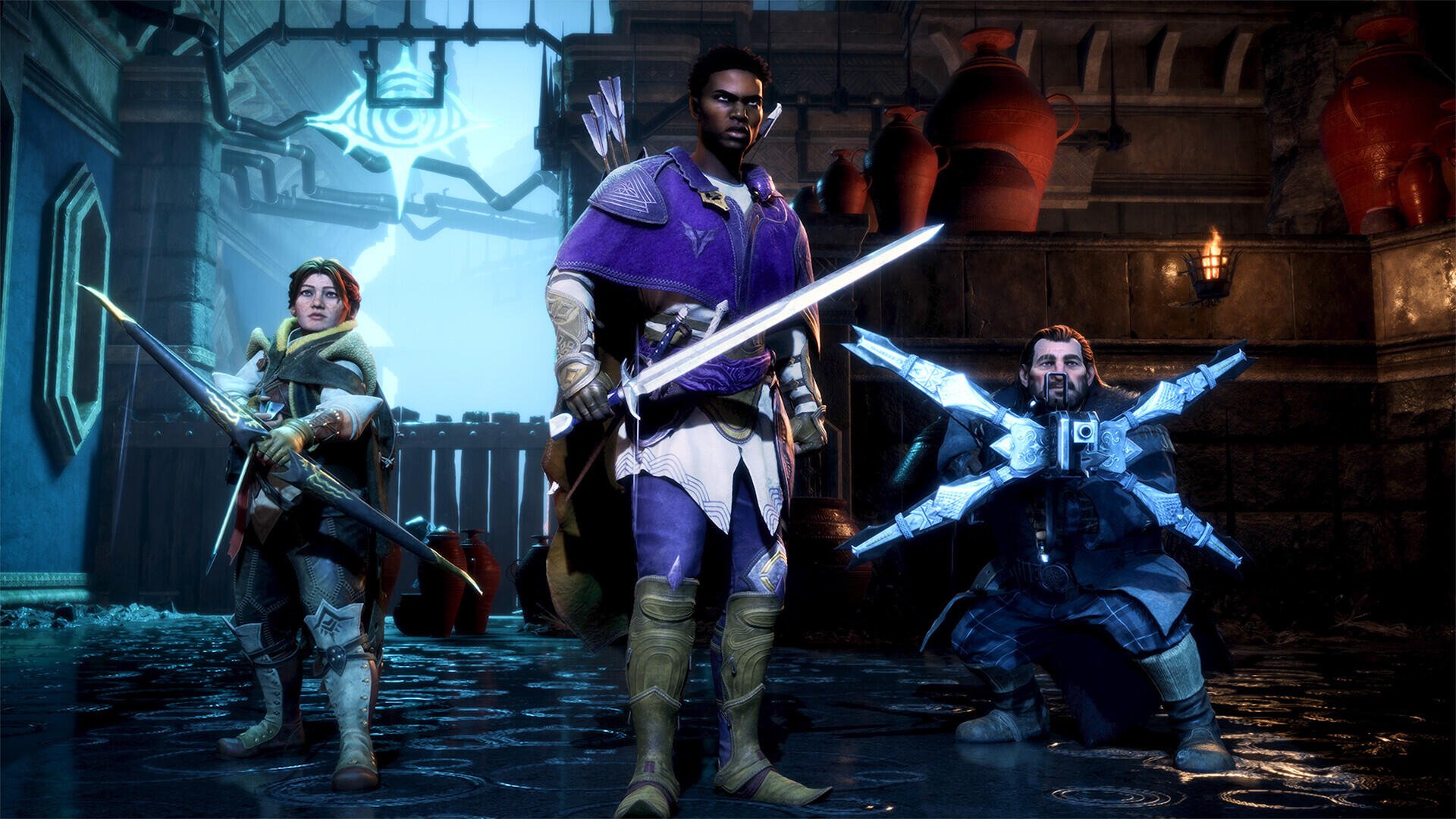 A dynamic HD wallpaper from the video game Dragon Age: The Veilguard, featuring three heroes in striking armor, ready for adventure amidst an atmospheric setting.