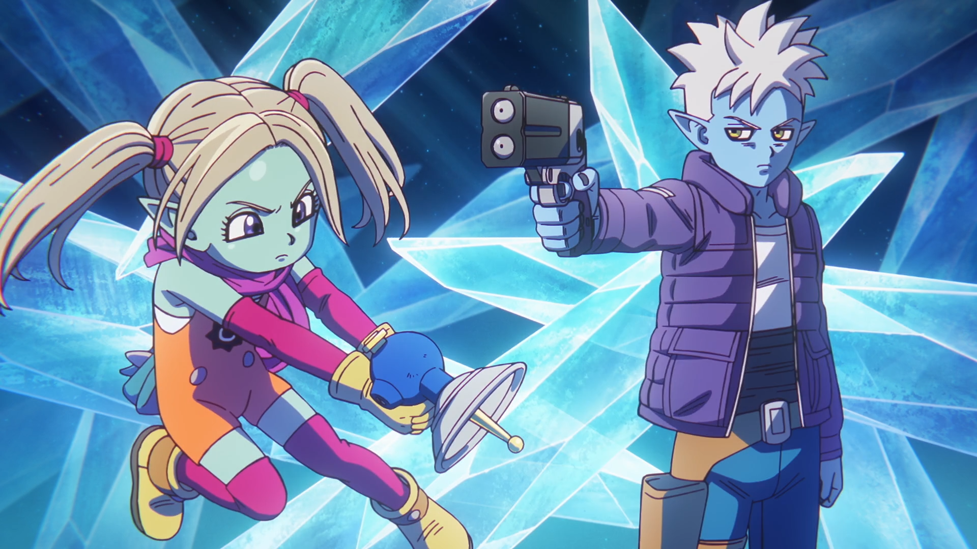 Anime Dragon Ball DAIMA characters poised for battle against a crystal-blue icy background in this HD PC desktop wallpaper and background.