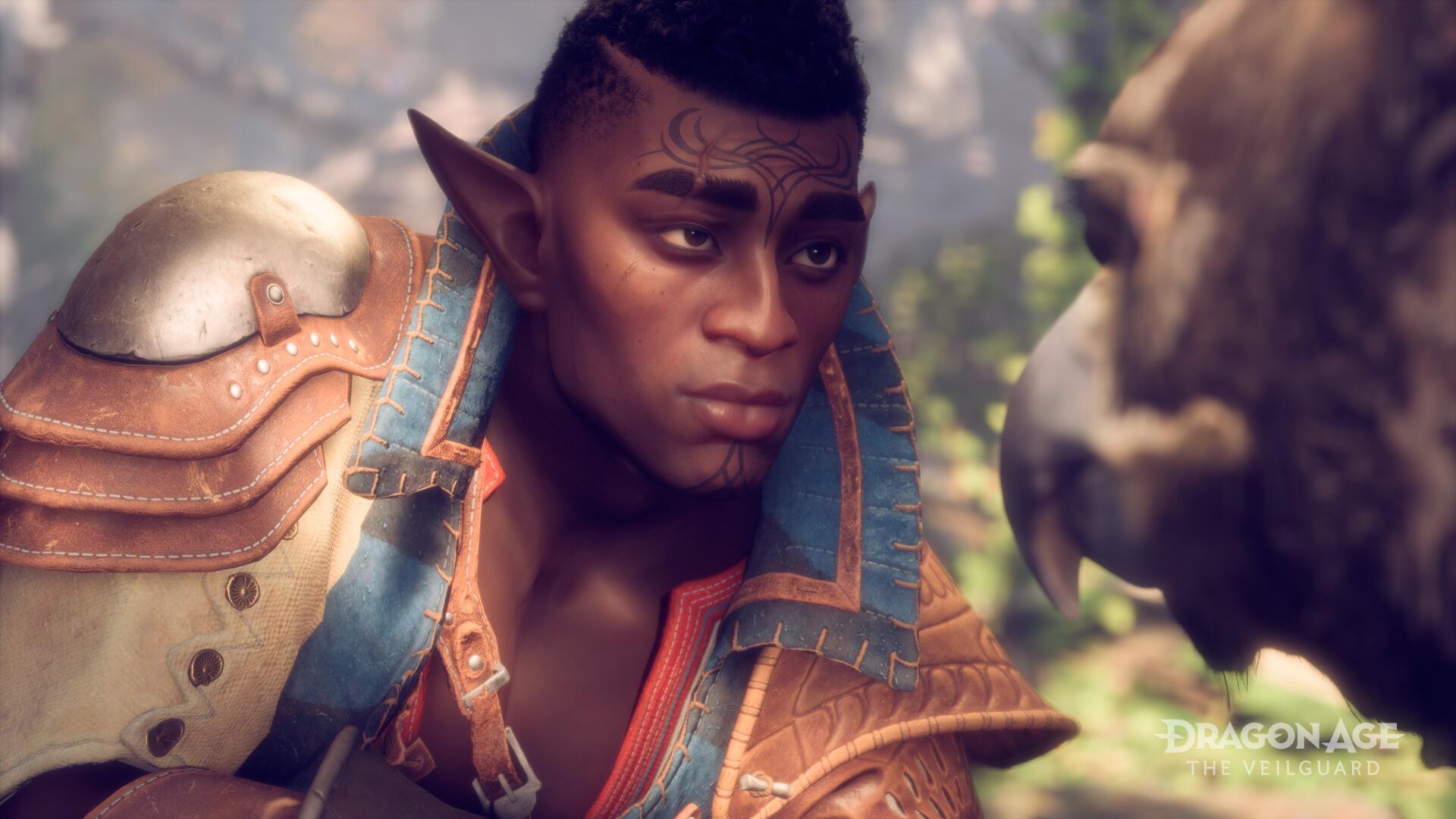 A close-up of a character from the video game Dragon Age: The Veilguard, showcasing detailed 4K Ultra HD graphics against a lush, vibrant background.
