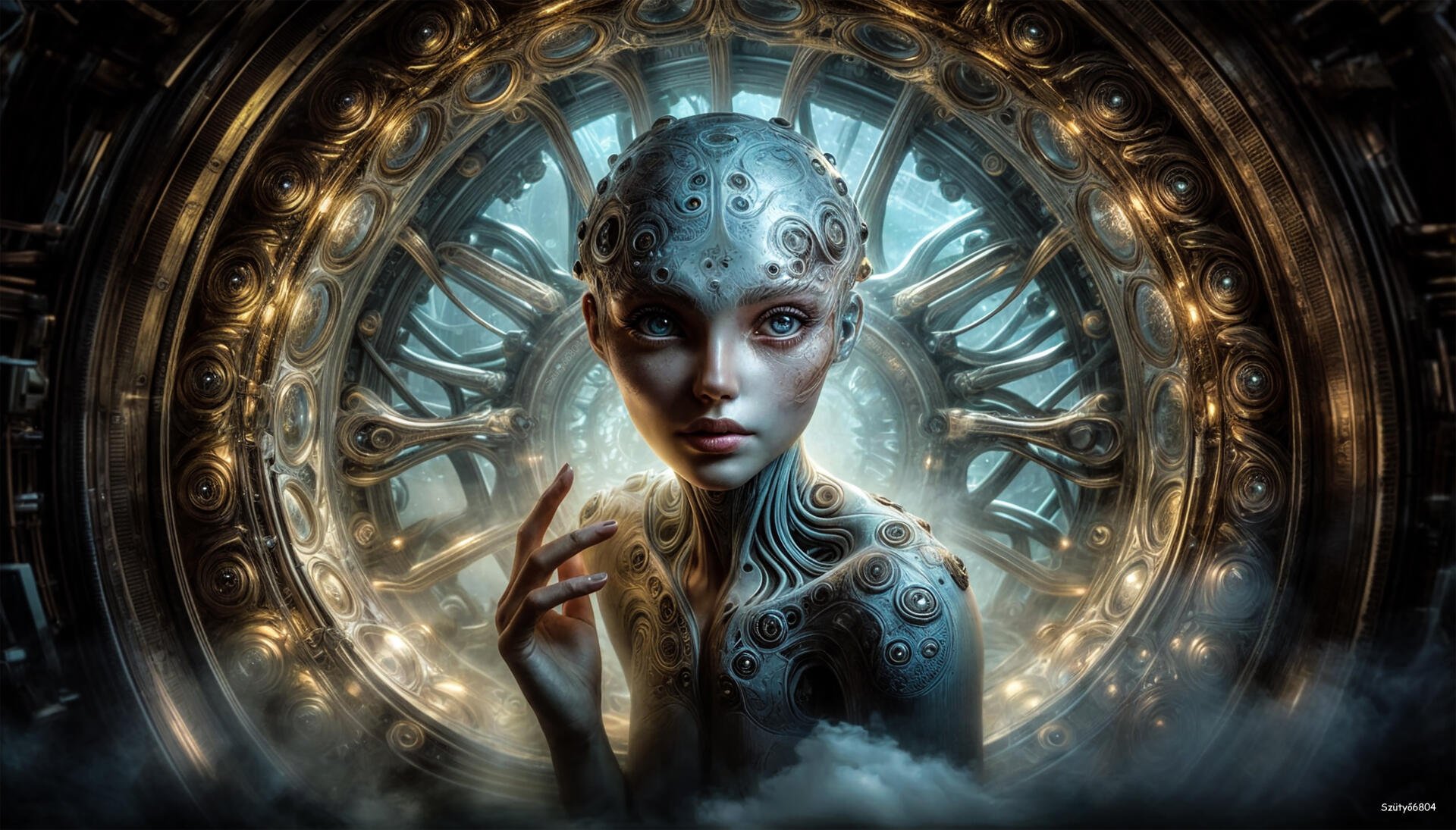 A detailed sci-fi character with intricate metallic patterns and glowing eyes, set against a futuristic mechanical backdrop in 4K Ultra HD AI art style.