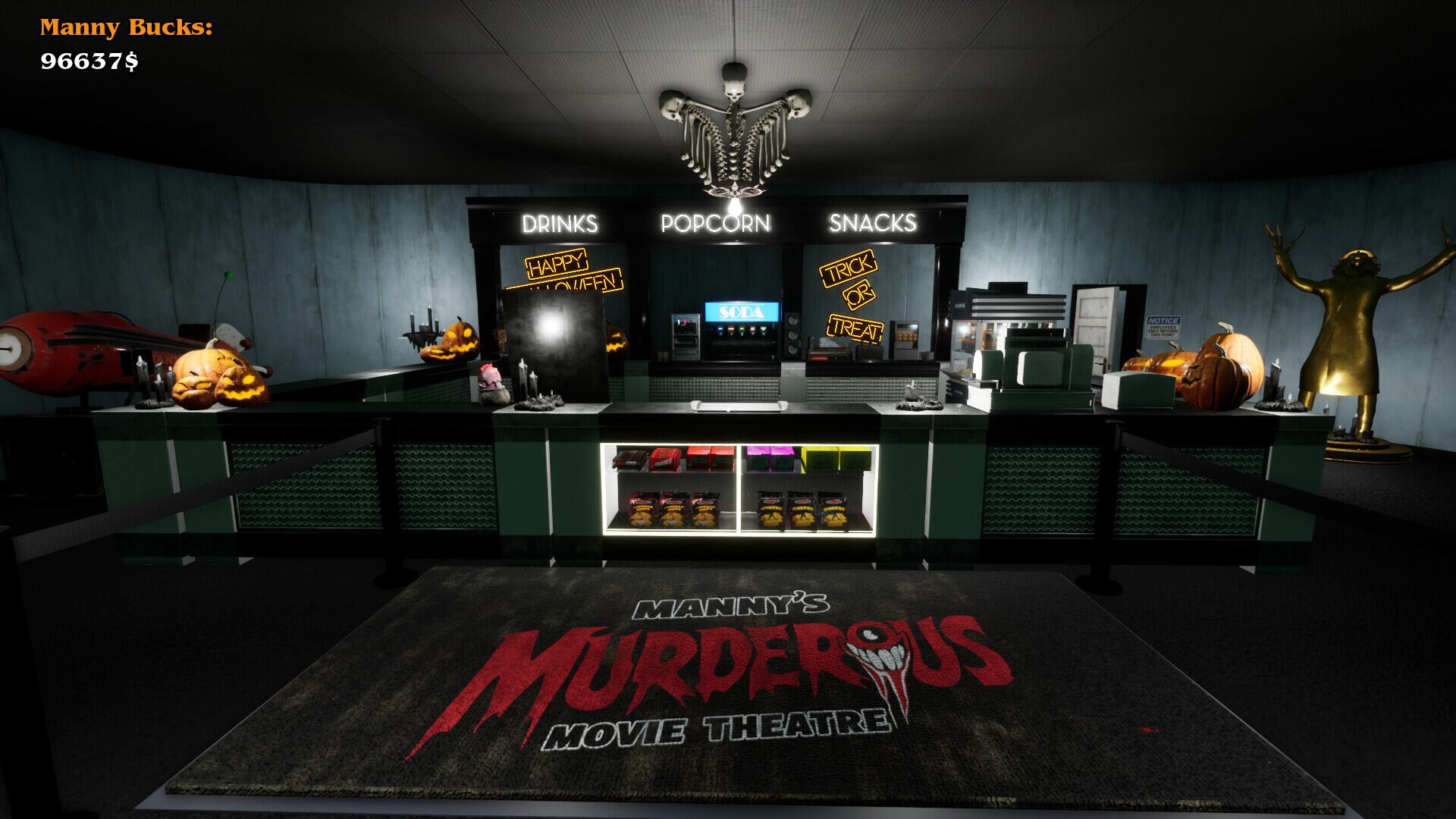 A vibrant HD PC desktop wallpaper featuring a movie theater concession stand from the video game Massacre At The Mirage, showcasing snacks, drinks, and a spooky decor.