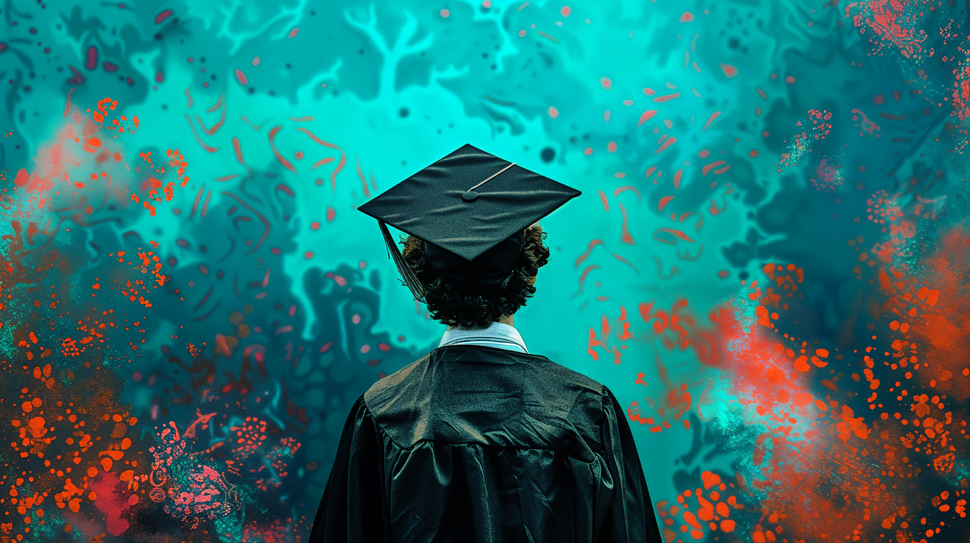 A graduate wearing a cap and gown stands against a vibrant, abstract background in this 4K Ultra HD desktop wallpaper, celebrating achievement and new beginnings.