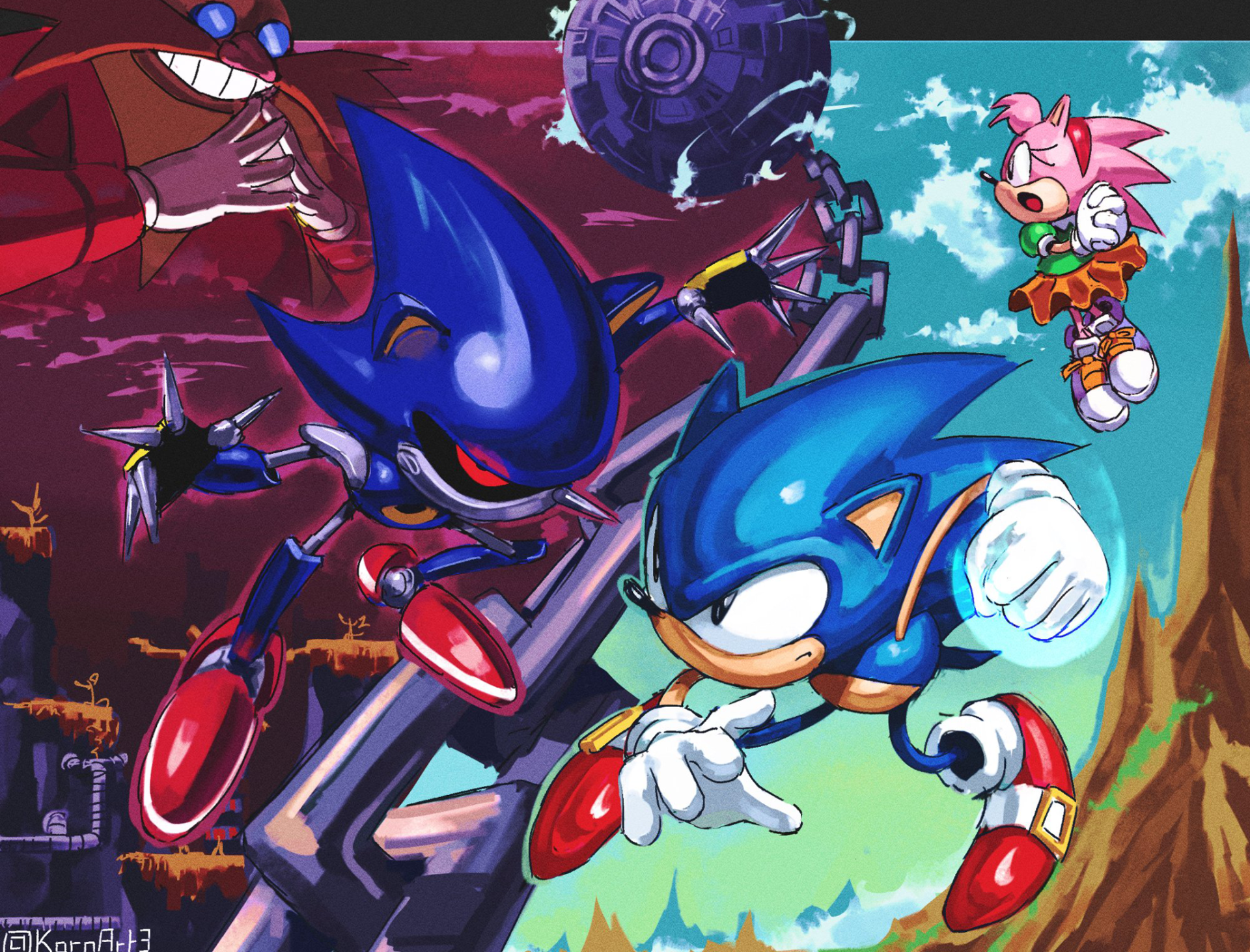 HD desktop wallpaper featuring Sonic the Hedgehog characters from Sonic CD, including Sonic, Metal Sonic, Amy Rose, and Dr. Robotnik in an action scene.