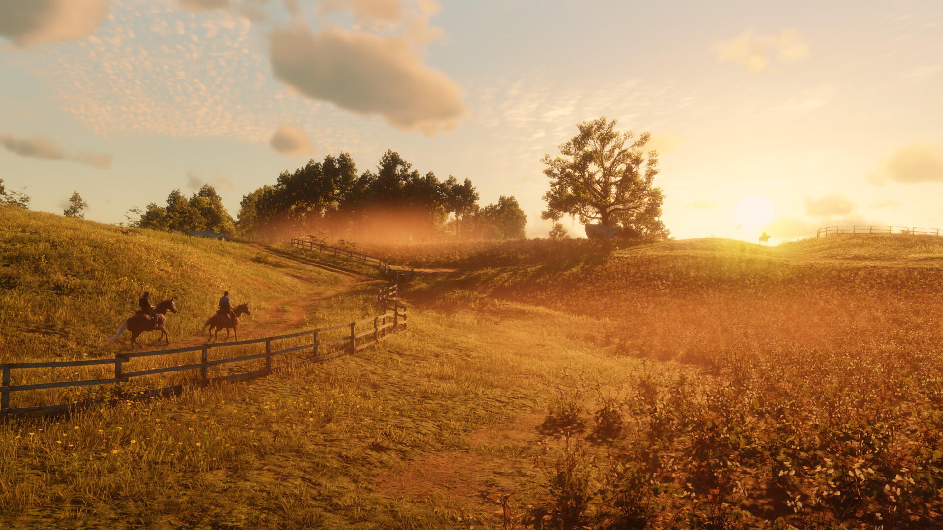 Scenic Red Dead Redemption 2 landscape at sunset with two riders on horseback, captured in stunning 4K Ultra HD for PC desktop wallpaper and background.