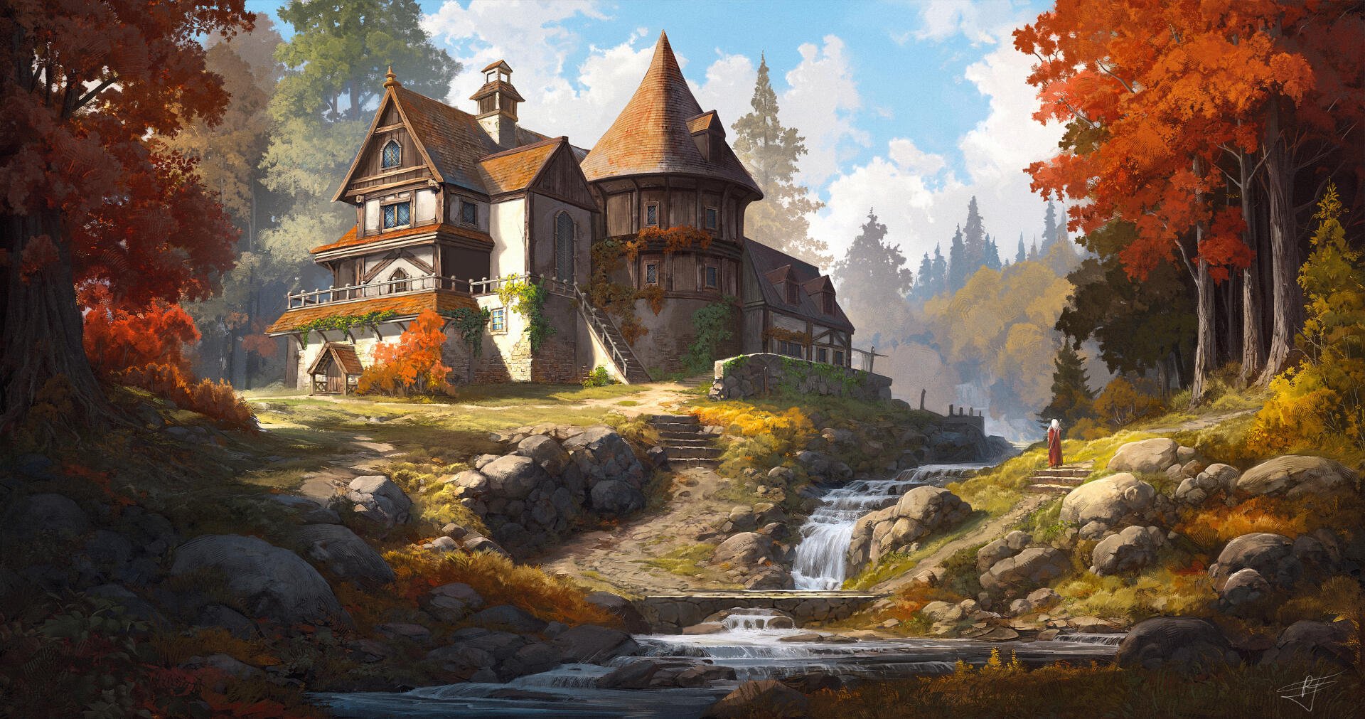HD artistic landscape wallpaper featuring a majestic mansion beside a flowing river, surrounded by vibrant autumn trees under a bright blue sky.